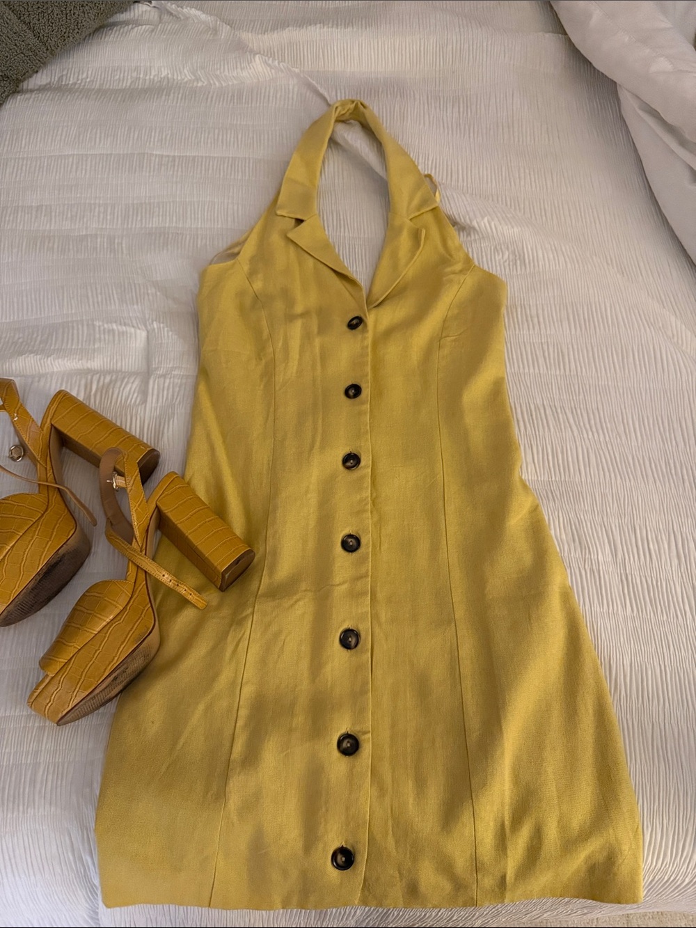 Monteau Mustard Halter Button-Front Mini Dress